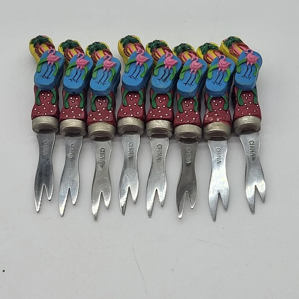 Appetizer Forks Novelty Flip Flop Flamingo Summer Colorful Cocktail Set Of 8
